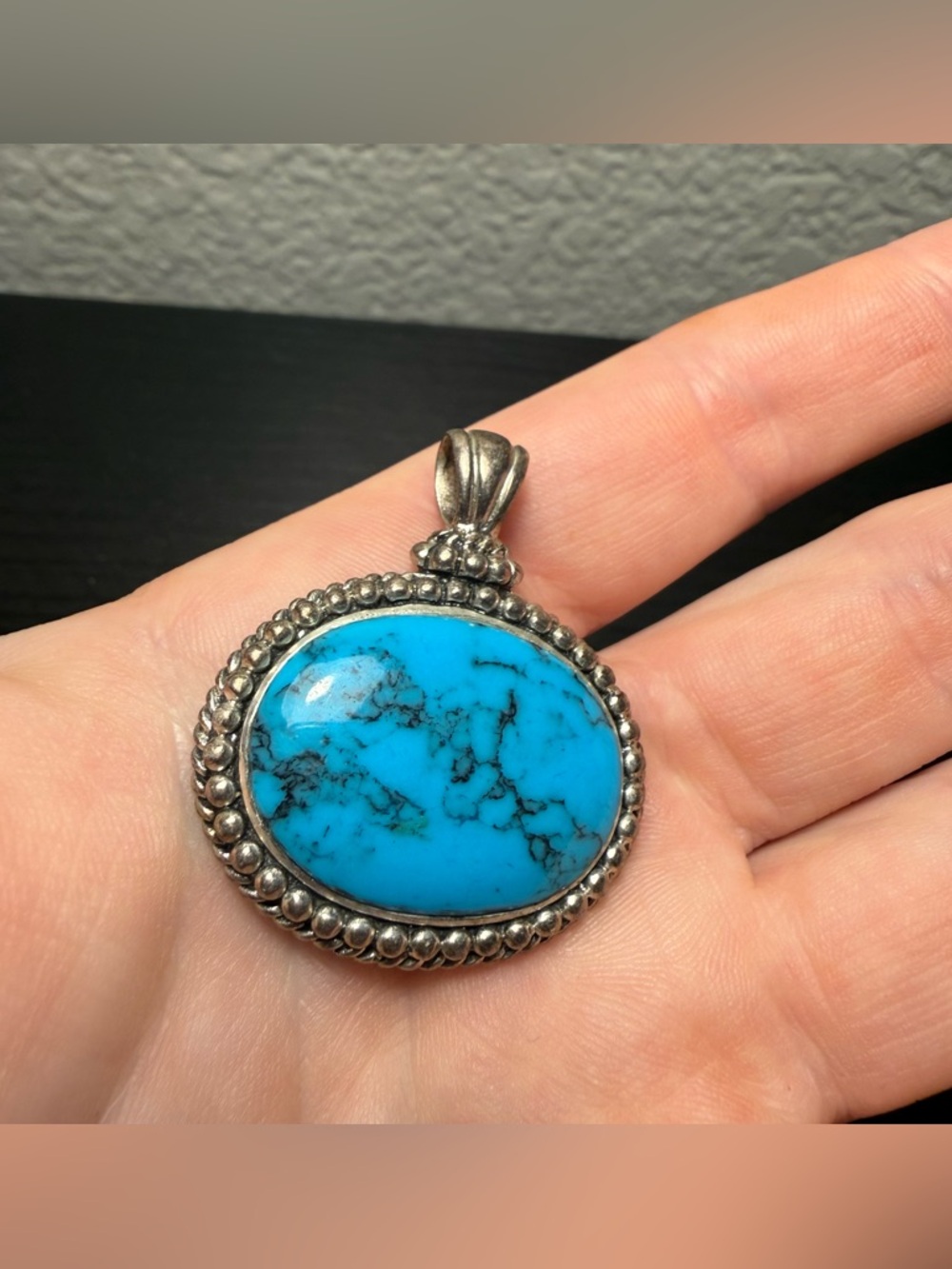 Vintage HAN 925 Sterling Silver Blue Pendant Victorian Beaded Round Beauty Mcm